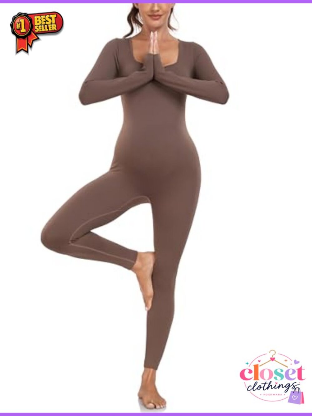 Maternity Seamless Yoga Jumpsuit Ribbed Square Neck Long Sleeve Wome
